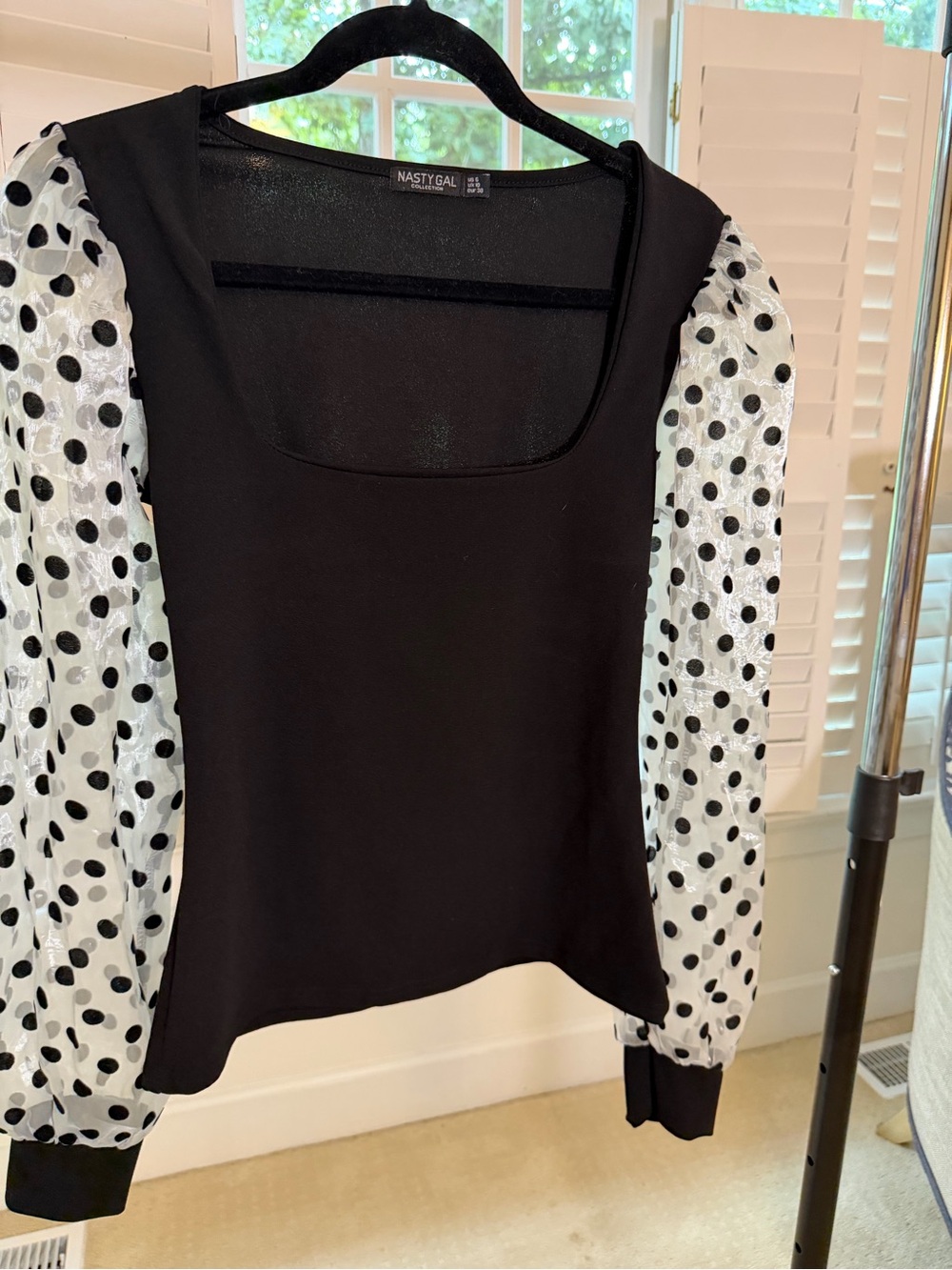 Nasty Gal Black Top with White Polka Dot Puff Sleeves